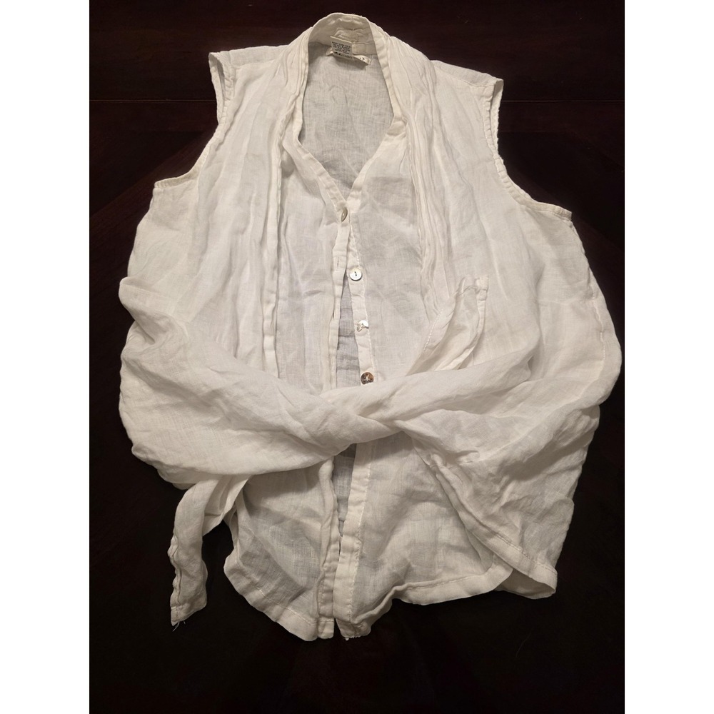 Atelier Max Blouse Womens S White Linen Button Tie Waist Sleeveless Top FLAW
